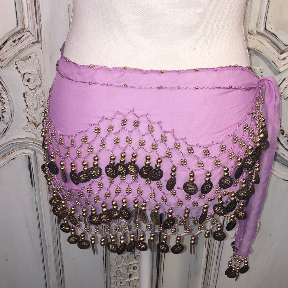 Orchid Sheer  Gold Coin Belly Dance Chiffon,  Hip Scarf - Picture 3 of 5
